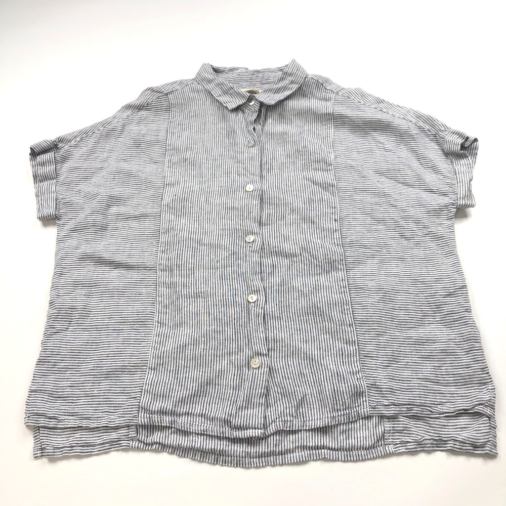 Christian Siriano Medium 100% Linen Button Short Sleeve Striped Shirt Blue
